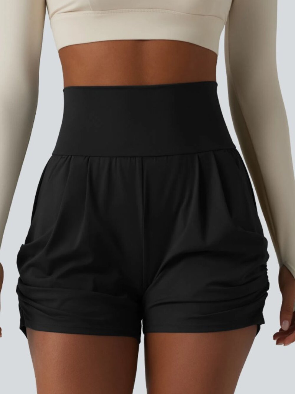 SoftlyZero™ Airy High Waisted Ruched Cool Touch Yoga Shorts 3'' Pockets SMALL